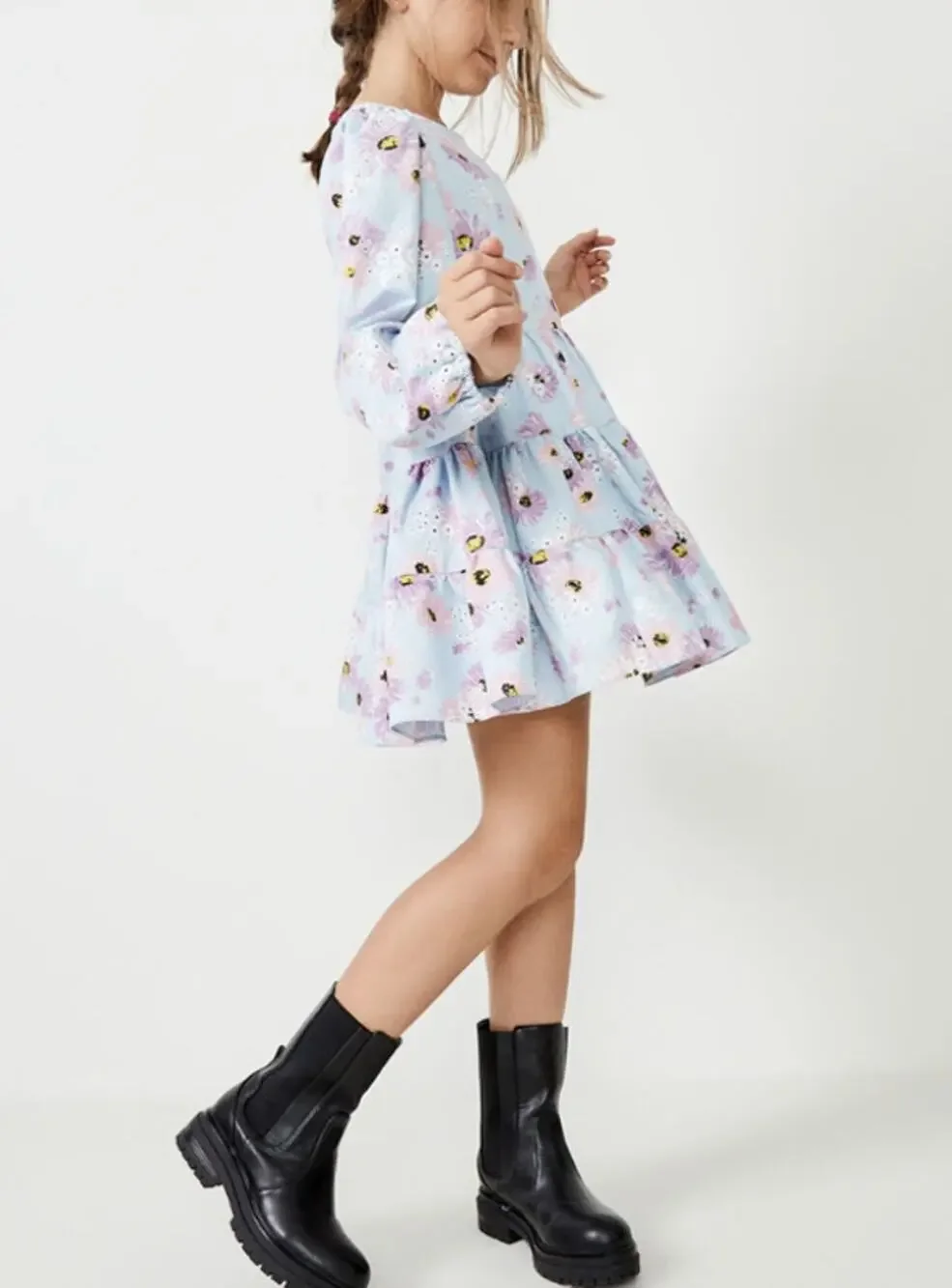 BARDOT Girls Ella Broderie Dress Size 8 Blue Floral Size Long Sleeve NWT